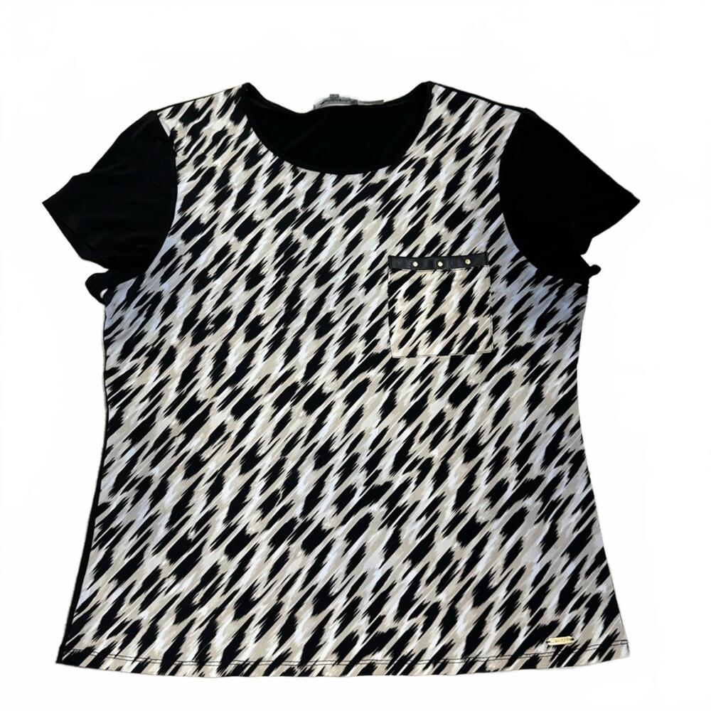 {SOLD}Calvin Klein Black Brown Printed Front Pocket Short Sleeve Top- Size large - Picture 1 of 6